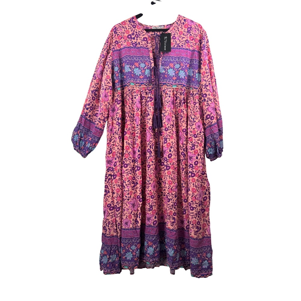 R.Vivimos Floral paisley boho Midi Dress sz XL Pink Purple cottage core colorful